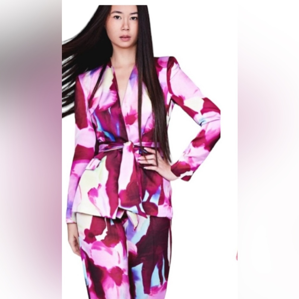 Zara Pink and Red, Blue Abstract pant suit- pants size large and blazer medium